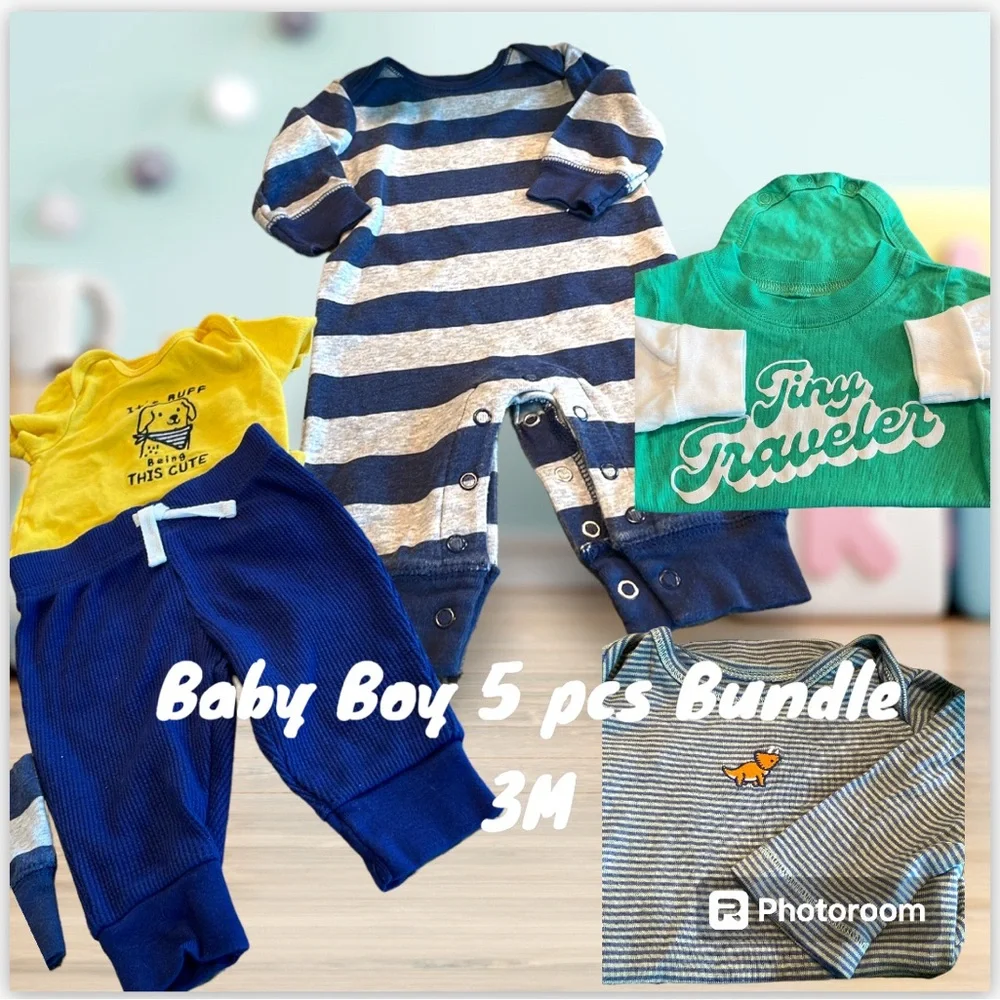 5 pcs CARTERS Baby Boys BUNDLE  jumpers &  Onesies 1 set w matching pants SZ 3M